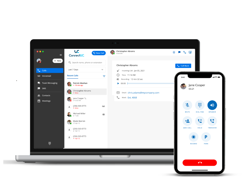 Alt text: A laptop and a smartphone displaying interfaces of the ConnectUC communication software, with the laptop showing a call history and contact details, and the smartphone displaying an ongoing call screen with Jane Cooper.