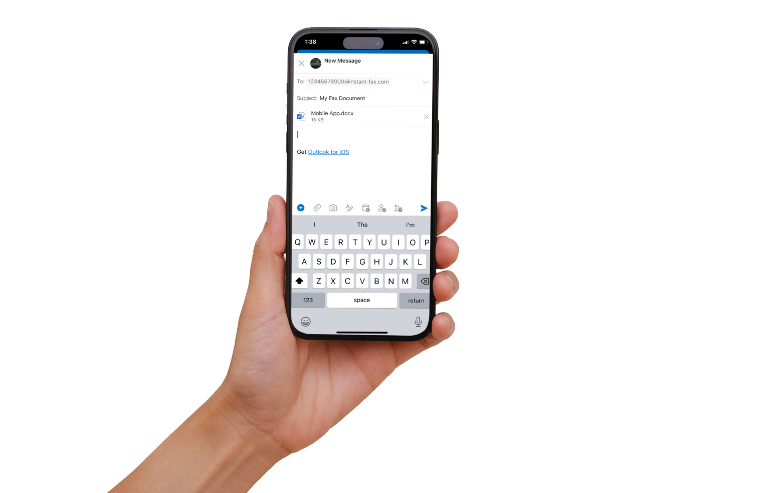 A hand holding a smartphone with an email composition screen open, showing a recipient address, the subject line 'My Fax Document,' and an attached document named 'Mobile App.docx'.