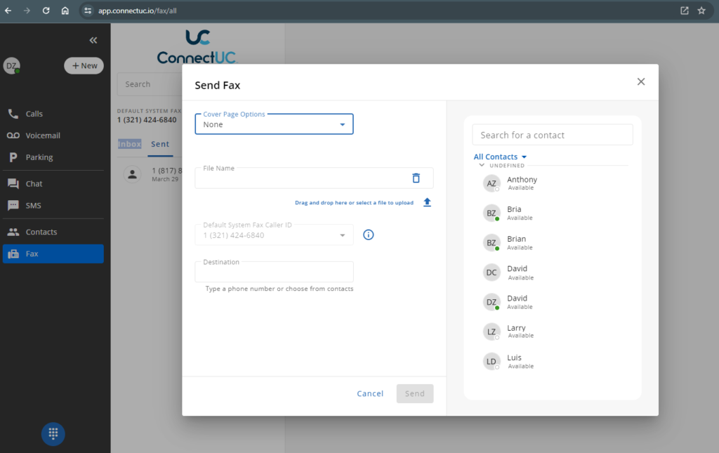 A screenshot of a 'Send Fax' dialog box in the ConnectUC application with options for Cover Page, File Name, Default System Fax Caller ID, and Destination, alongside a contacts list showing names such as Anthony, Bria, and Brian, with their availability status.